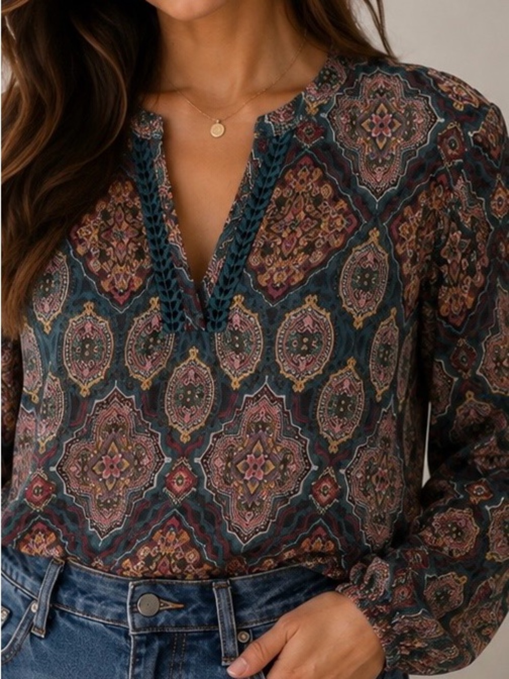 LOFT Teal Multicolor Mosaic V-Neck Blouse